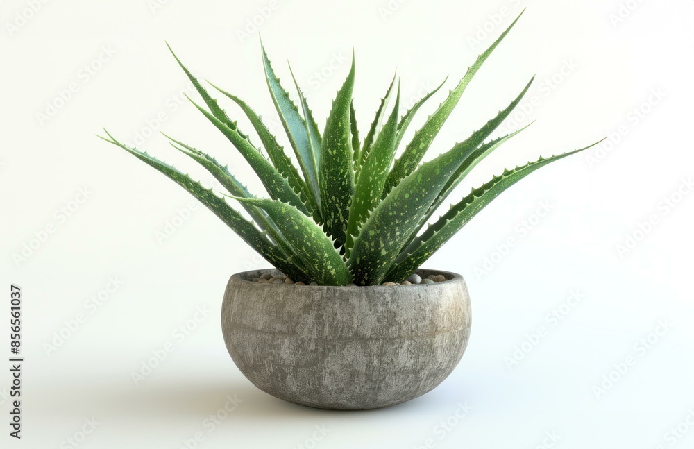 A detailed image of an aloe vera plant in a rustic gray pot against a plain background. A detailed image of an aloe vera plant in a rustic gray pot against a plain background.