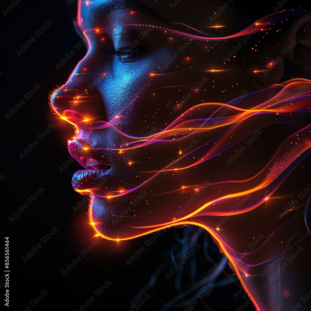 A vibrant close-up of a digital art piece featuring a female profile with glowing, colorful lines and particles against a dark background. A vibrant close-up of a digital art piece featuring a female profile with glowing, colorful lines and particles against a dark background.