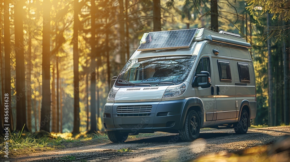 Camping car equipped with solar panels, traveling on an open road, raw style, detailed view of sustainable outdoor life Camping car equipped with solar panels, traveling on an open road, raw style, detailed view of sustainable outdoor life