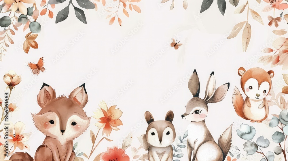 Obraz premium Watercolor baby shower card template with cute animals and flowers, Baby Shower, Pastel colors, Watercolor, delicate
