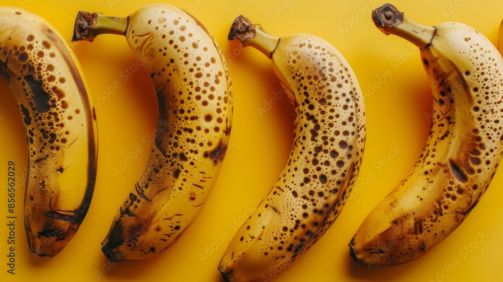 Detailed close-up of bananas on a yellow background, raw style, emphasizing the fruit's natural patterns and textures Detailed close-up of bananas on a yellow background, raw style, emphasizing the fruit's natural patterns and textures