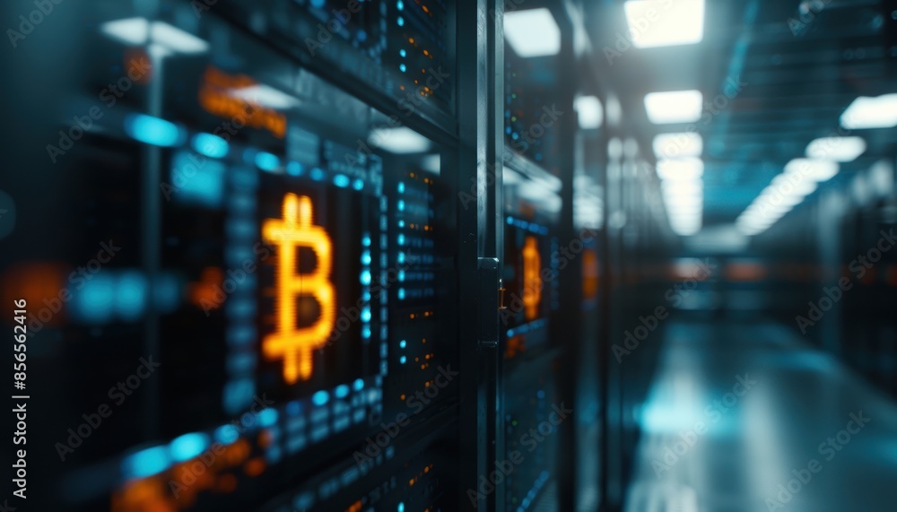A close-up view of a data center with Bitcoin mining hardware and illuminated cryptocurrency symbols. A close-up view of a data center with Bitcoin mining hardware and illuminated cryptocurrency symbols.