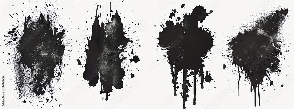Obraz premium Set of four black ink splatter textures on white background, perfect for artistic designs, backgrounds, overlays, and creative projects.
