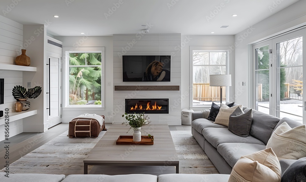 Modern Living Room with Fireplace and Large Windows Modern Living Room with Fireplace and Large Windows