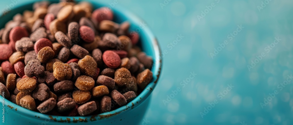 Close-up of a blue bowl filled with colorful pet food against a turquoise background, ideal for pet care and nutrition concepts. Close-up of a blue bowl filled with colorful pet food against a turquoise background, ideal for pet care and nutrition concepts.
