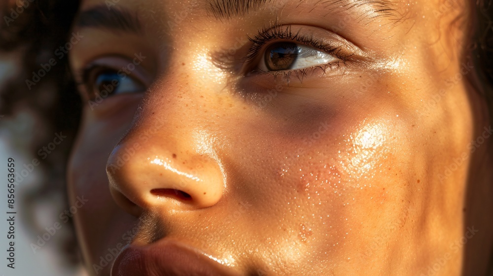 A close-up of a woman's face with a brightening serum applied A close-up of a woman's face with a brightening serum applied