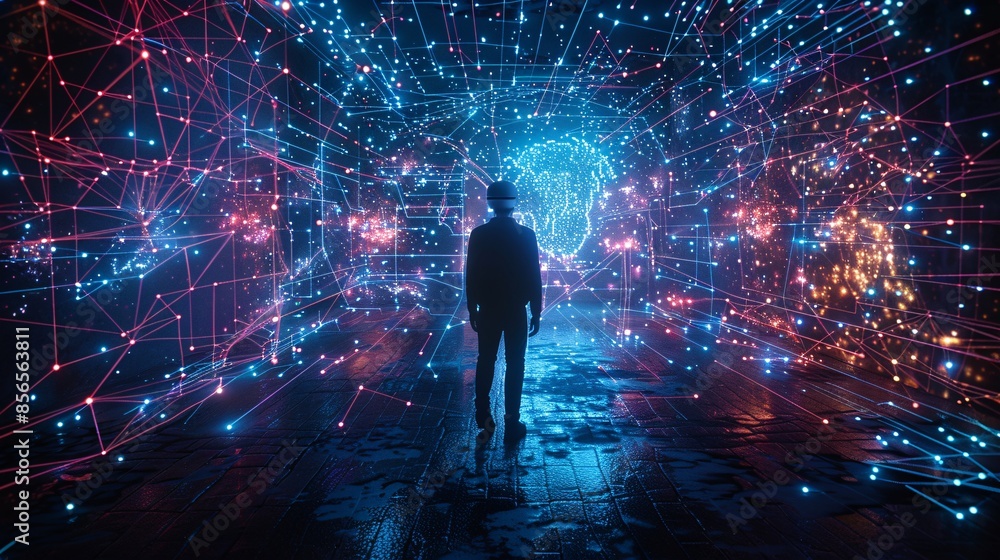 A businessman immersed in a virtual reality environment navigates through a metaverse enhanced by AI technology, illustrating a global internet connection network. This visually compelling image A businessman immersed in a virtual reality environment navigates through a metaverse enhanced by AI technology, illustrating a global internet connection network. This visually compelling image