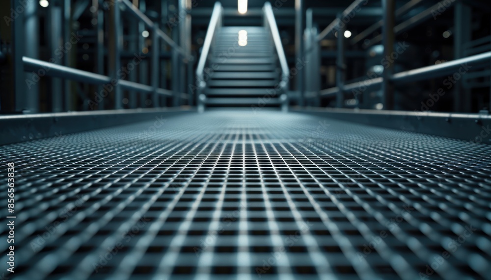 Fototapeta premium Close-up of a metal grid walkway in an industrial setting, with stairs and railings leading to an illuminated area in the background.