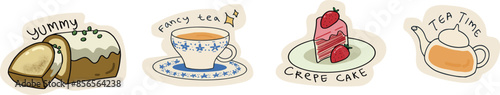 cute vector sticker set of tea time fancy cup cake bread cute flat illustration design