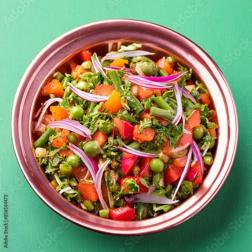 Indian healthy green salad or kachumber salad on green background photo