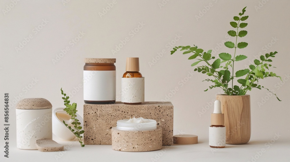 A set of eco-friendly skincare products with minimalistic packaging A set of eco-friendly skincare products with minimalistic packaging