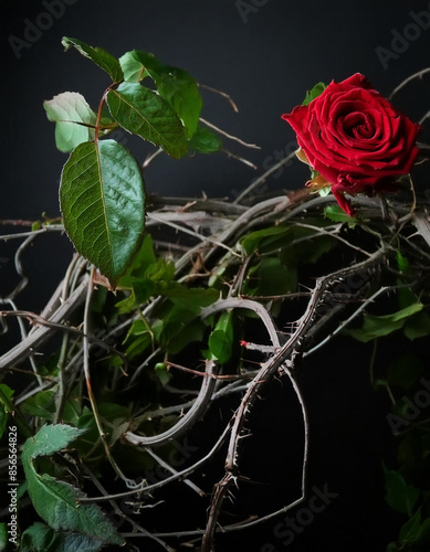 blood red roses on a curly vine, ivy. thorns and green leaves. dry curly branches. toxic rel photo