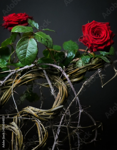 blood red roses on a curly vine, ivy. thorns and green leaves. dry curly branches. toxic rel photo