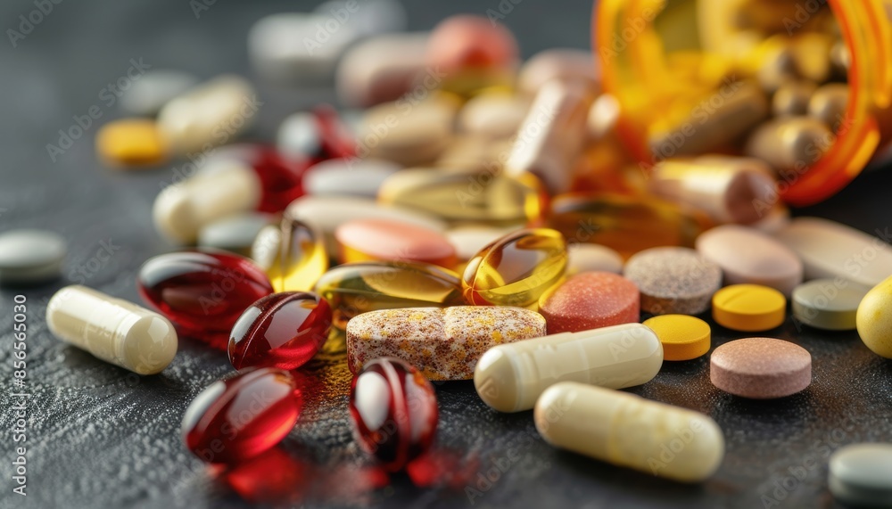 Close-up of various colorful pills and capsules spilling out of an amber pill bottle on a dark surface. Health and medication concept. Close-up of various colorful pills and capsules spilling out of an amber pill bottle on a dark surface. Health and medication concept.