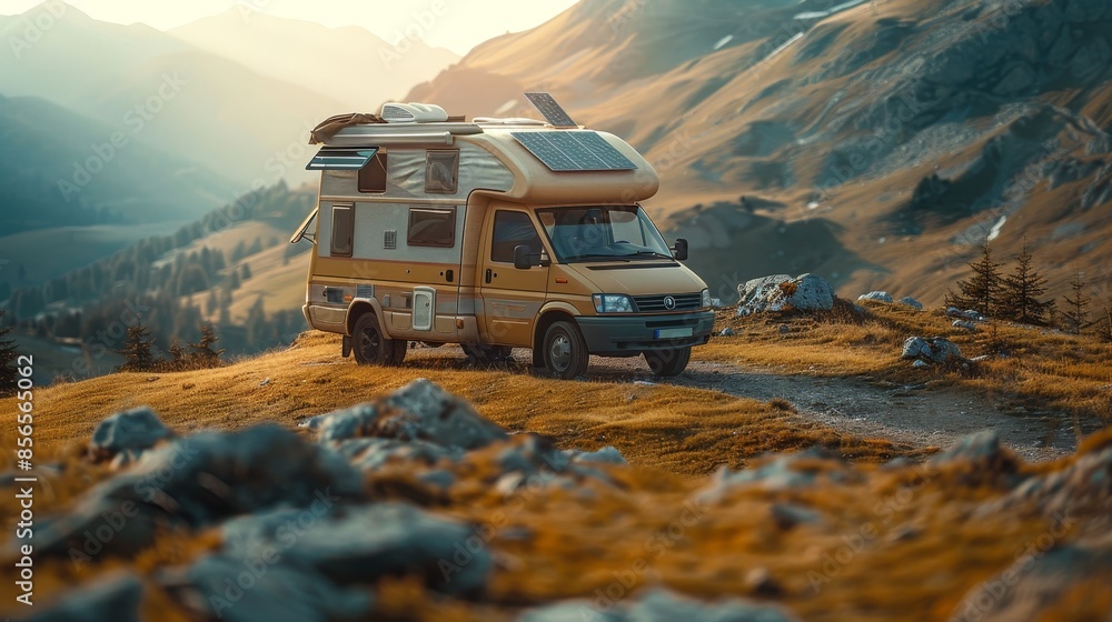 RV car with rooftop solar panels, on a journey, camping setup visible, raw and realistic detail, capturing the essence of road trips RV car with rooftop solar panels, on a journey, camping setup visible, raw and realistic detail, capturing the essence of road trips