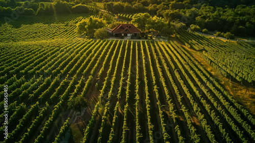 Tranquil Summer Scene: Aerial View of Lush Vineyard with Rustic Farmhouse in Distance