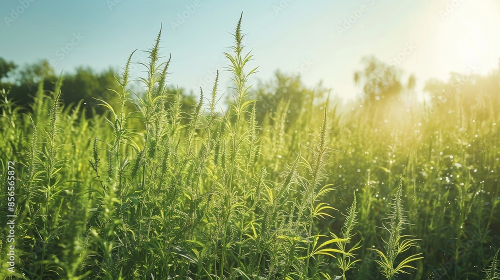 Lush Hemp Field Under Clear Blue Sky. Lush Hemp Field Under Clear Blue Sky.