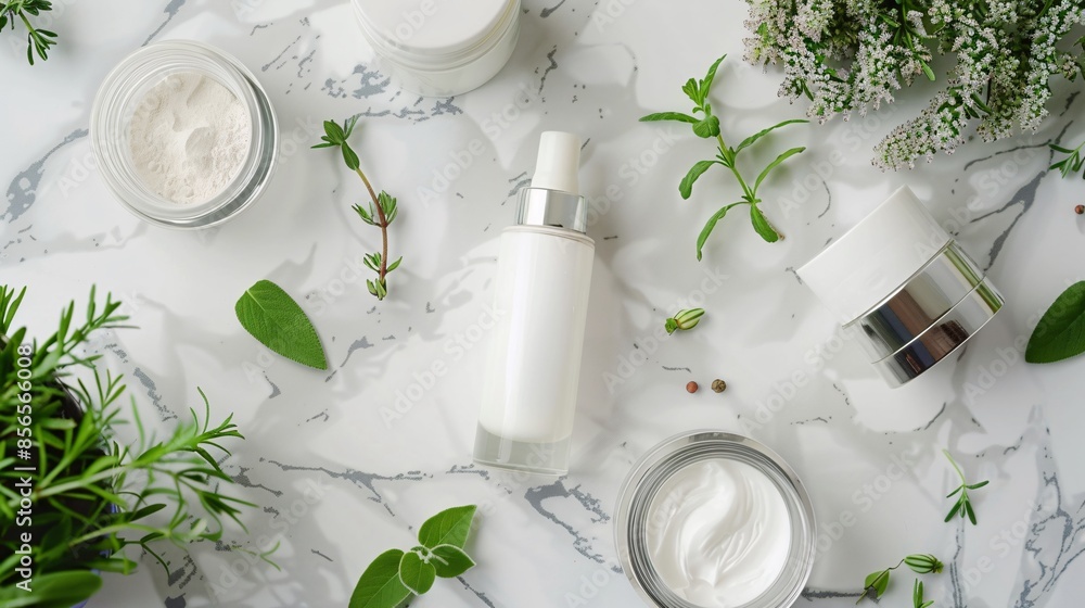 A flat lay of skincare products and fresh herbs on a marble background A flat lay of skincare products and fresh herbs on a marble background