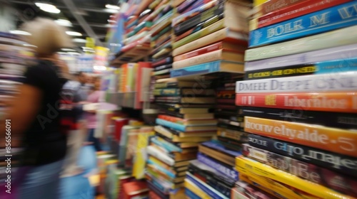 Blurry stacks of books piled high as attendees eagerly peruse the fair. photo