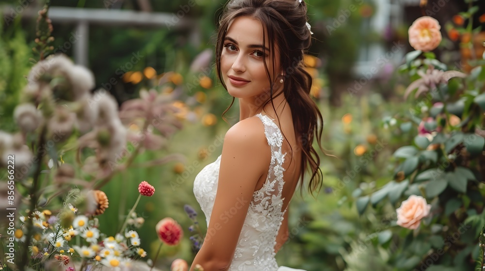 Radiant Young Woman in Flowing White Dress Amidst Blooming Garden Radiant Young Woman in Flowing White Dress Amidst Blooming Garden