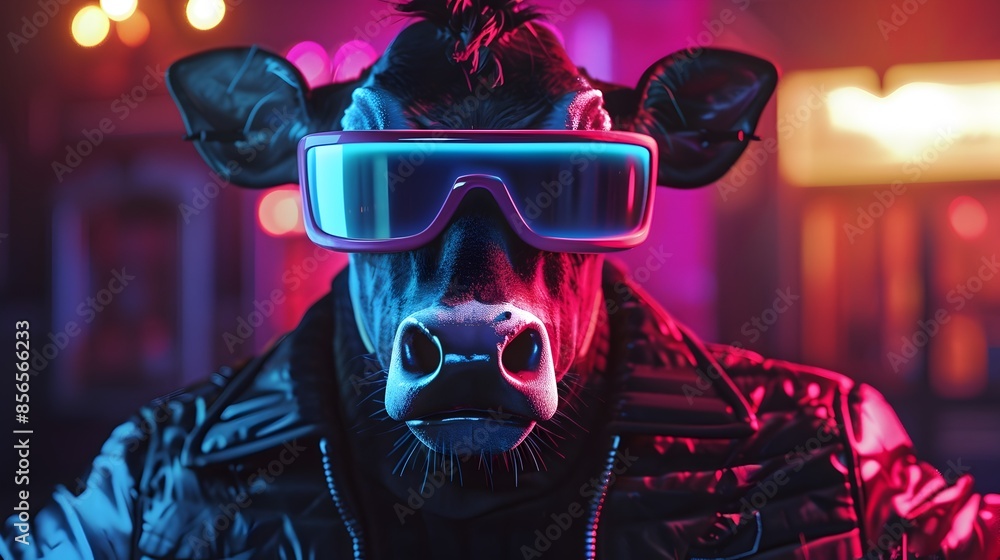 Serene Anthropomorphic Cow Man Wearing Black Synthwave Reflective Sunglasses in Detailed 3D Portrait Serene Anthropomorphic Cow Man Wearing Black Synthwave Reflective Sunglasses in Detailed 3D Portrait