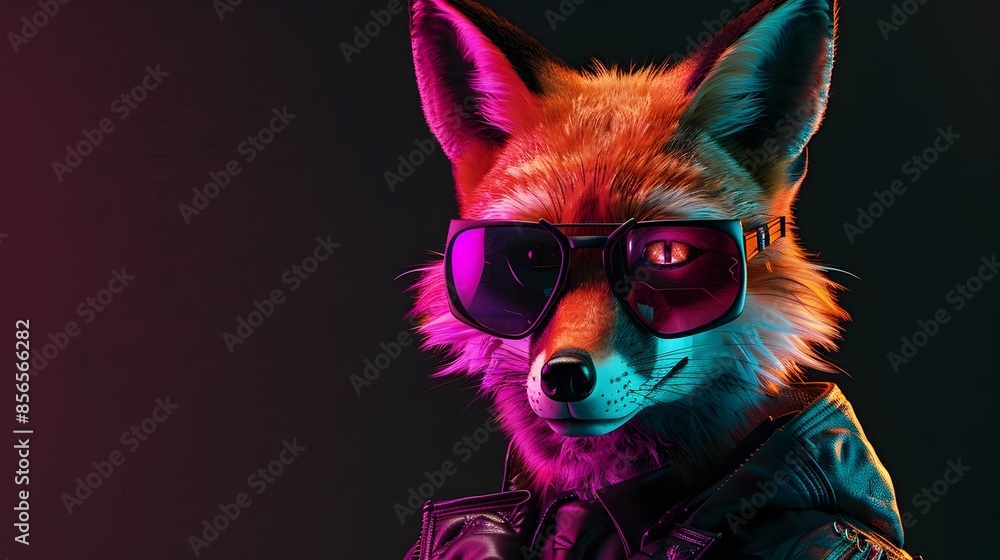 Serene Anthropomorphic Fox in Reflective Synthwave Sunglasses and Sleek Motor Suit Serene Anthropomorphic Fox in Reflective Synthwave Sunglasses and Sleek Motor Suit