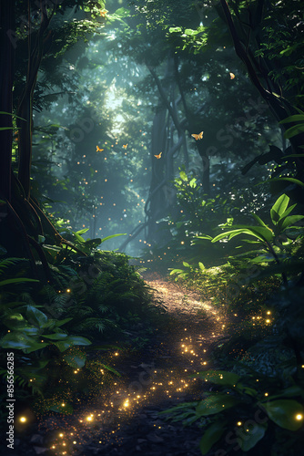 A mystical forest path illuminated by fireflies on a misty evening. The path leads deep into the woods, creating a sense of wonder and enchantment.