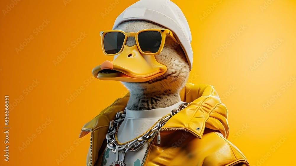 Stylish Anthropomorphic Duck in Streetwear Outfit on Yellow Background Stylish Anthropomorphic Duck in Streetwear Outfit on Yellow Background