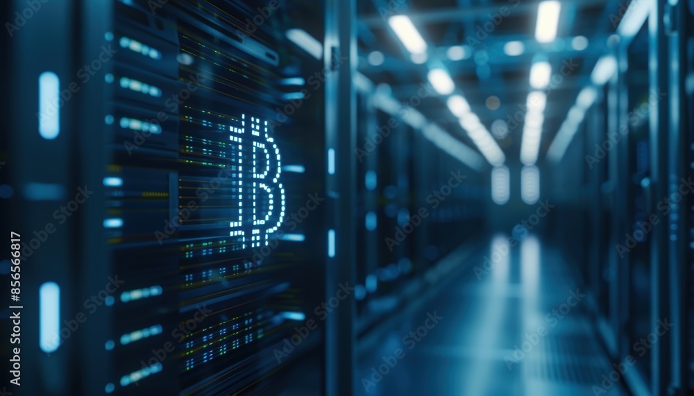 Modern data center corridor with futuristic server racks and glowing network connections illustrating advanced blockchain technology. Modern data center corridor with futuristic server racks and glowing network connections illustrating advanced blockchain technology.
