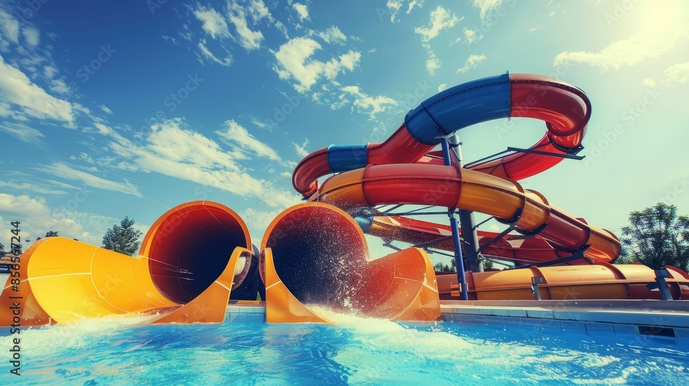 Giant waterslide with loops and turns in a fun water park, sunny blue ...