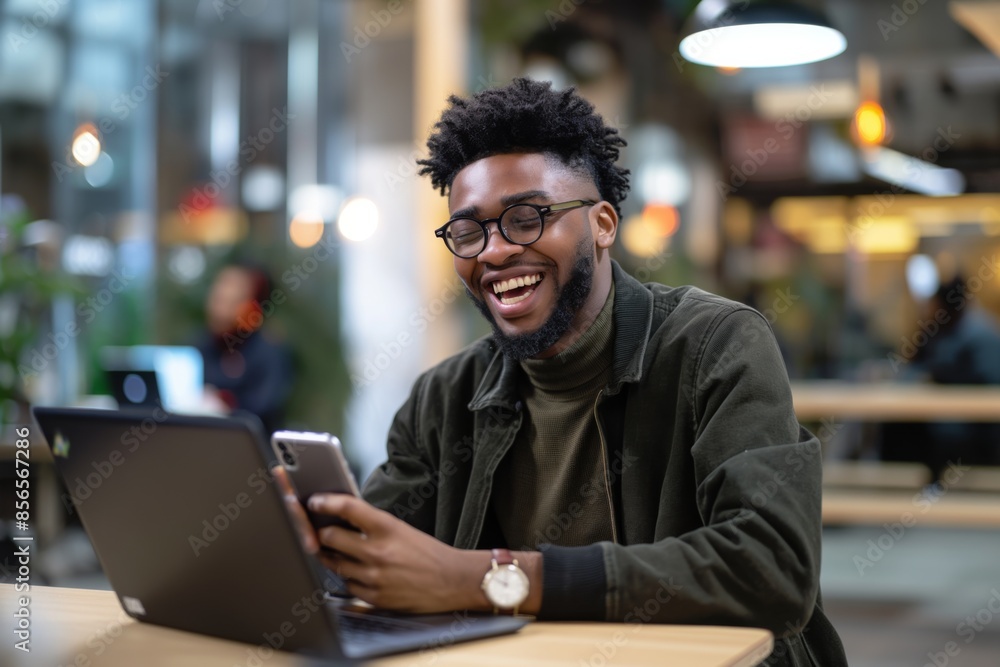 Man sitting at a table using a laptop and holding a smartphone. Man sitting at a table using a laptop and holding a smartphone.