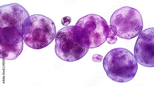 Microscopic view of purple cells isolated on a white background, ideal for scientific and medical visual content.