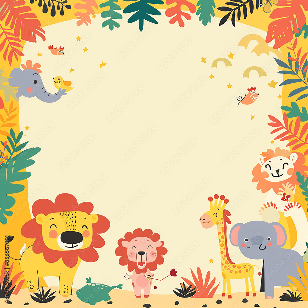 A colorful, playful safari-themed birthday invitation made with generative AI A colorful, playful safari-themed birthday invitation made with generative AI