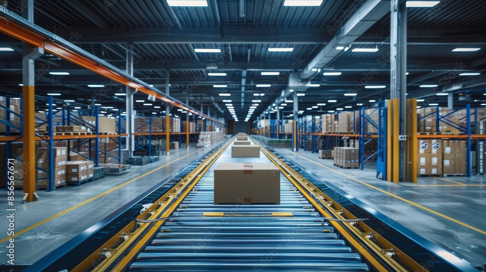High-tech logistics center with automated conveyor belt sorting system, cutting-edge machinery, raw style, intricate details High-tech logistics center with automated conveyor belt sorting system, cutting-edge machinery, raw style, intricate details