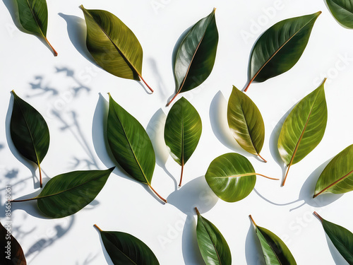 Creative layout of colorful palm leaves on a white background in the rays of the sun, with shadows. Minimal summer exotic concept with copy space