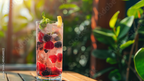 A colorful image of a berry spritzer cocktail, served in a tall glass filled with ice and mixed berries like raspberries and blackberries
