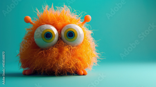 Cheerful Orange Monster with Big Round Eyes on Turquoise Background in Lively Setting