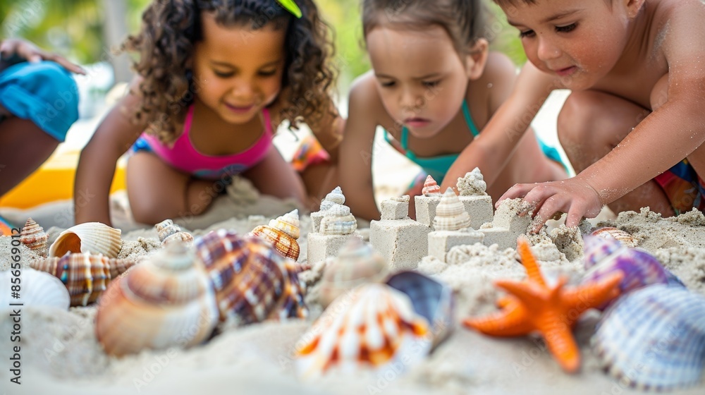 A group of young kids building sandcastles adorned with seashells and bright beach toys. A group of young kids building sandcastles adorned with seashells and bright beach toys.
