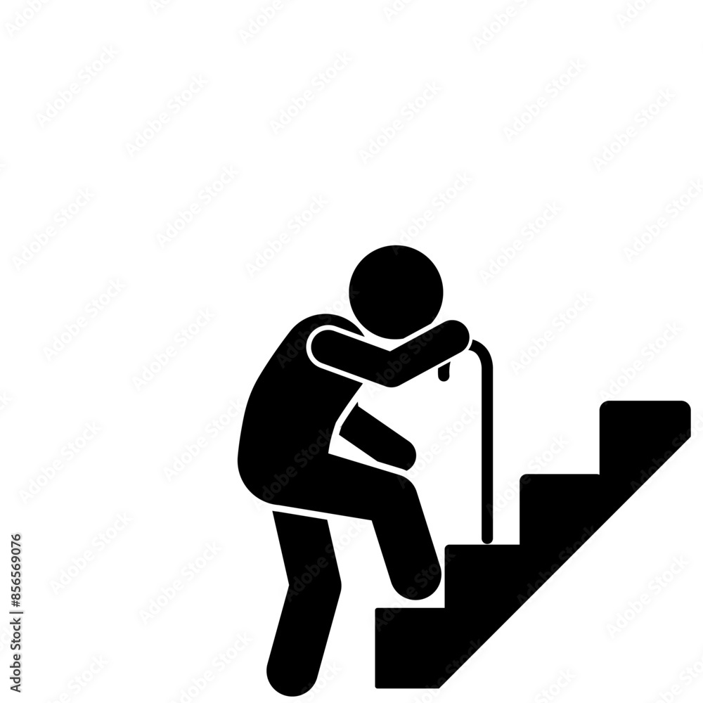 illustration of an elderly stick figure flat character with a cane climbing a staircase illustration of an elderly stick figure flat character with a cane climbing a staircase