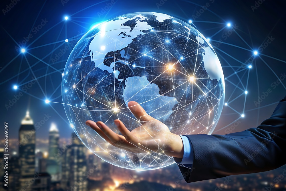 Businessman's Hand Touching Holographic Globe with Global Connectivity Network Businessman's Hand Touching Holographic Globe with Global Connectivity Network