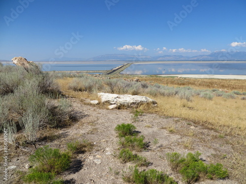 Overlooking Davis County Causeway, Road to Antelope Island State Park, Utah, USA photo