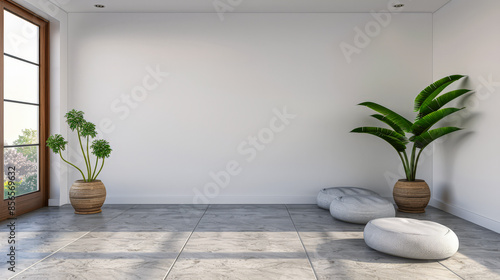 Serene corner in a living room interiors composition. Residential composition with natural window lighting  minimal furniture and wooden floors. Real Estate ad.