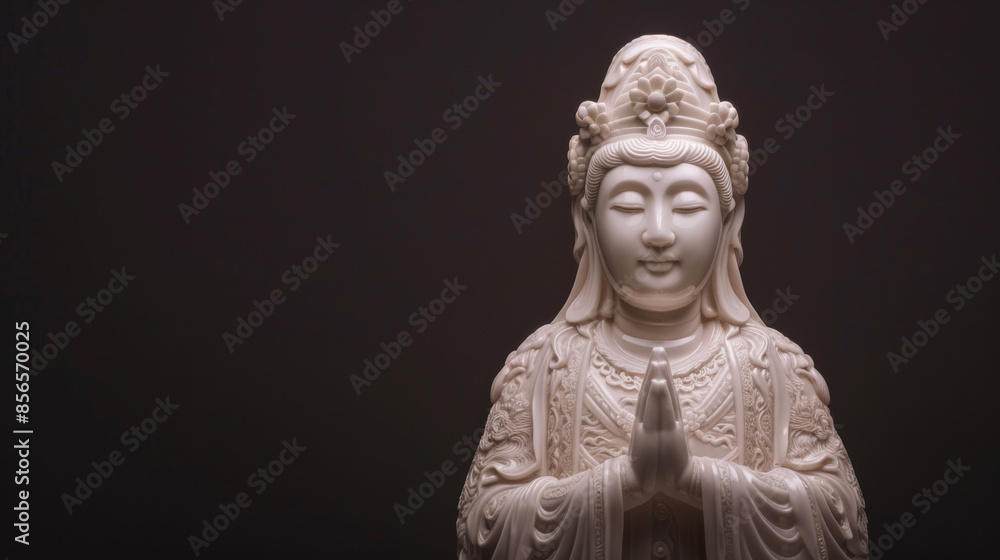 Tranquil Illumination - Serene Asian Religious Statue in Spotlight Against Velvet Background