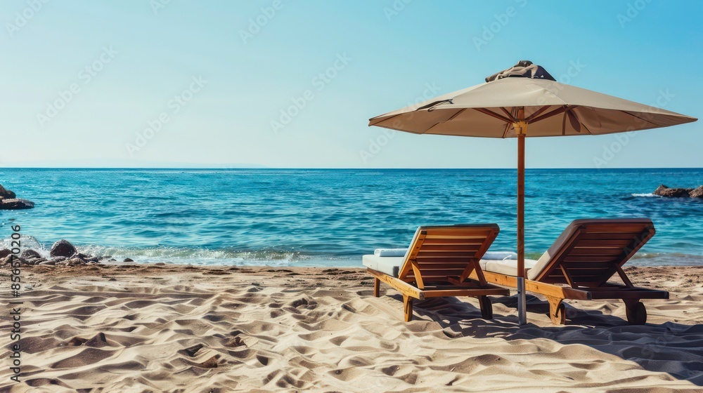 beach beds and sun umbrellas on the sandy beach seashore, nobody, copy space. Generative AI