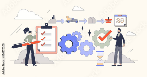 Supply chain management and trade logistics tiny person neubrutalism concept. Product delivery from factory warehouse to customer vector illustration. Distribution system organization or coordination