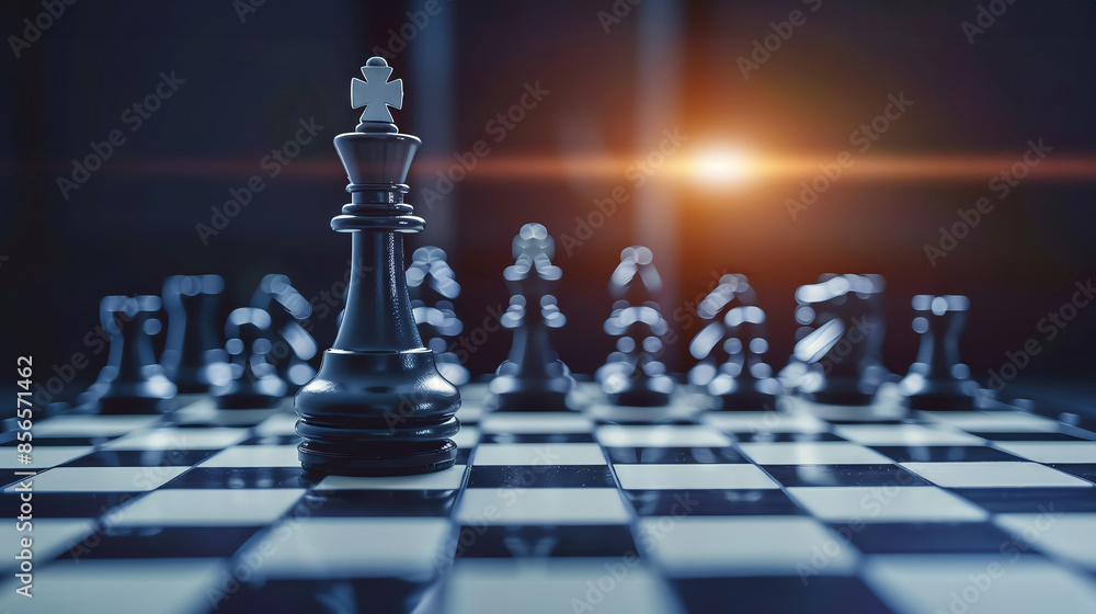 A black chess king stands tall on the board, surrounded by its pieces, with a dramatic light behind it. A black chess king stands tall on the board, surrounded by its pieces, with a dramatic light behind it.
