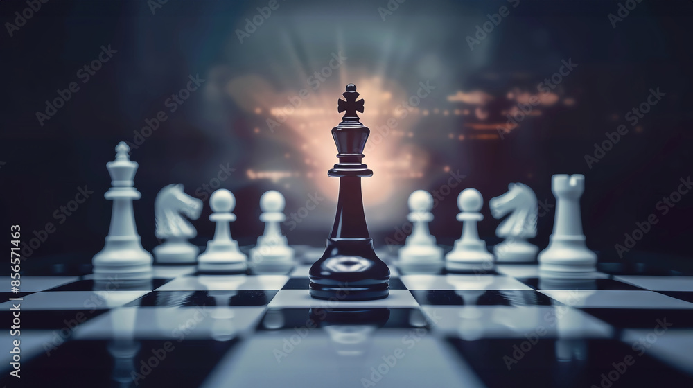 A black chess king stands tall on a chessboard, surrounded by white pieces. The king is illuminated by a spotlight, symbolizing leadership and power. A black chess king stands tall on a chessboard, surrounded by white pieces. The king is illuminated by a spotlight, symbolizing leadership and power.