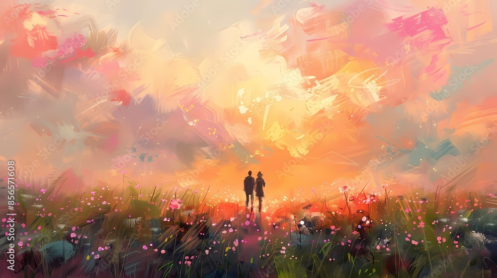 Fototapeta premium Pink and orange pastel flower field and character illustration poster background