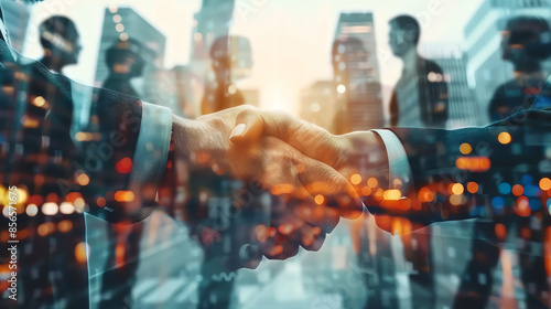 A double exposure image of business people shaking hands, symbolizing partnership, collaboration, and success.