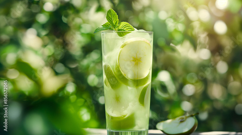 A refreshing green apple spritzer, served in a tall glass filled with ice and slices of green apple, garnished with a mint sprig